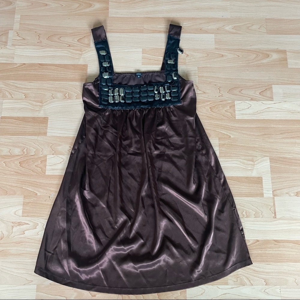 aziz Satin Embezzled Stone Jewelry Brown Above-Knee Comfy Tank Dress Sz S (0093)